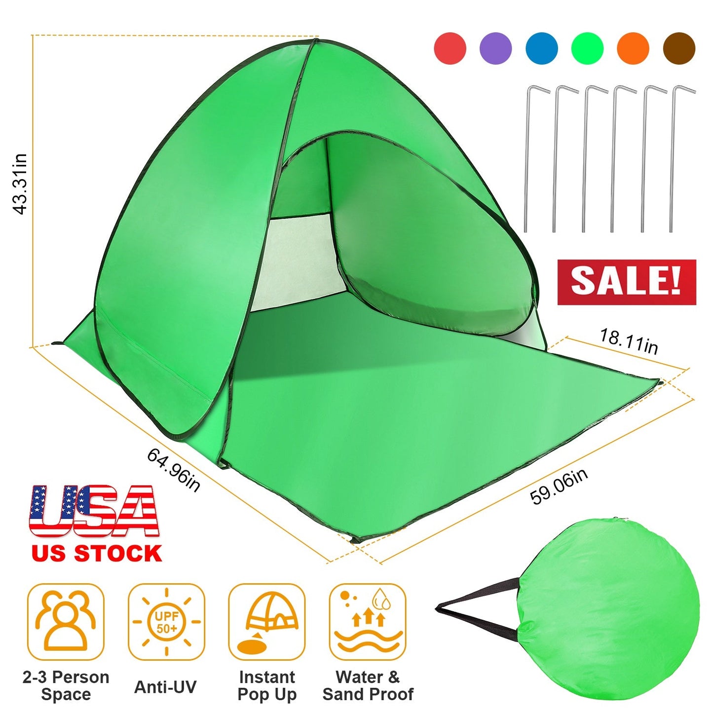 Green pop-up beach tent anti-UV, 2-3 person space, instant setup, waterproof canopy on Tampa Home & Garden Store