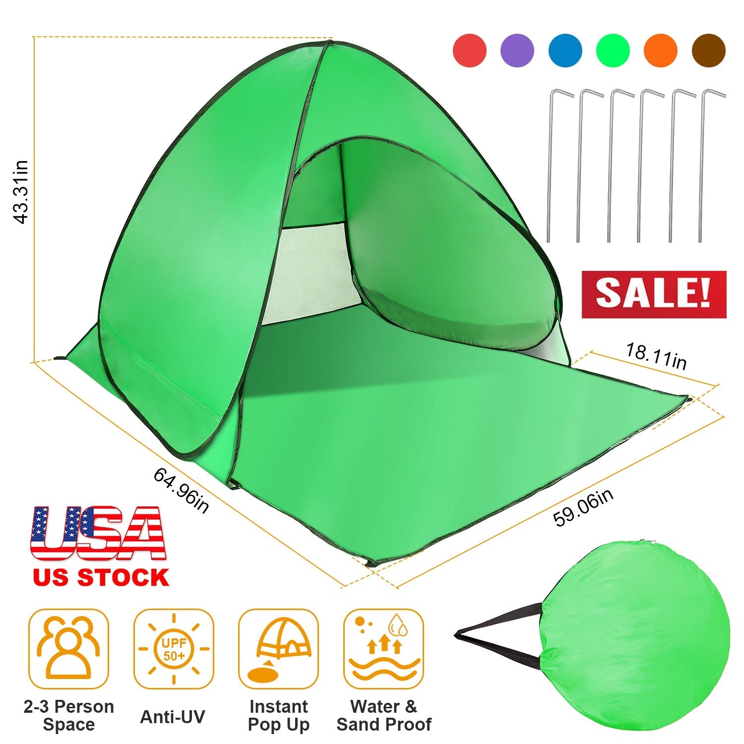 Green pop-up beach tent anti-UV, 2-3 person space, instant setup, waterproof canopy on Tampa Home & Garden Store