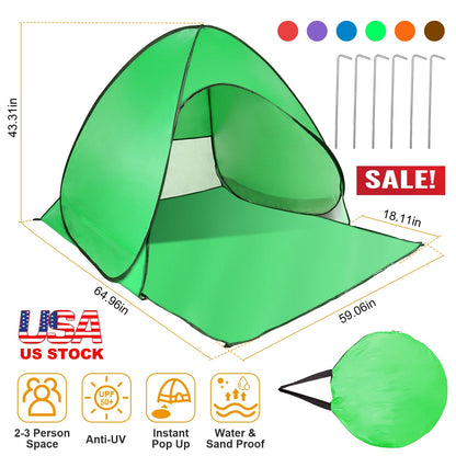 Green pop-up beach tent anti-UV, 2-3 person space, instant setup, waterproof canopy on Tampa Home & Garden Store