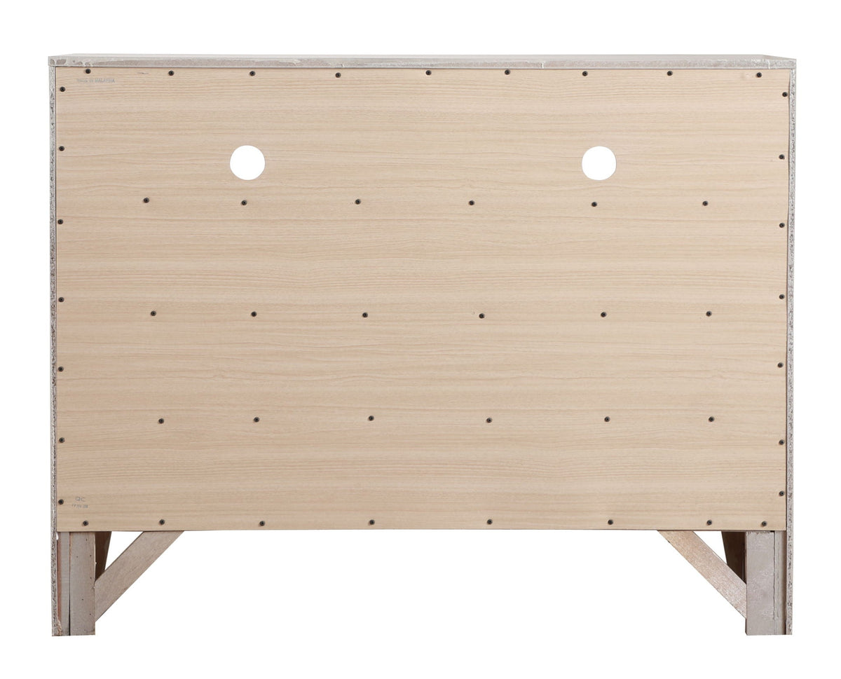 Media chest in natural wood with metal trim and visible screws; two cable holes on Tampa Home & Garden Store