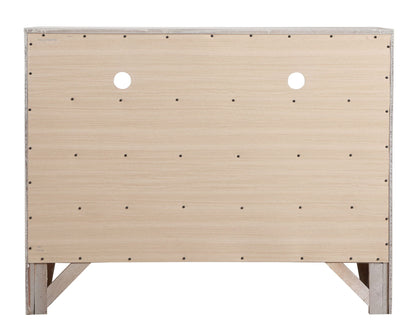 Media chest in natural wood with metal trim and visible screws; two cable holes on Tampa Home & Garden Store