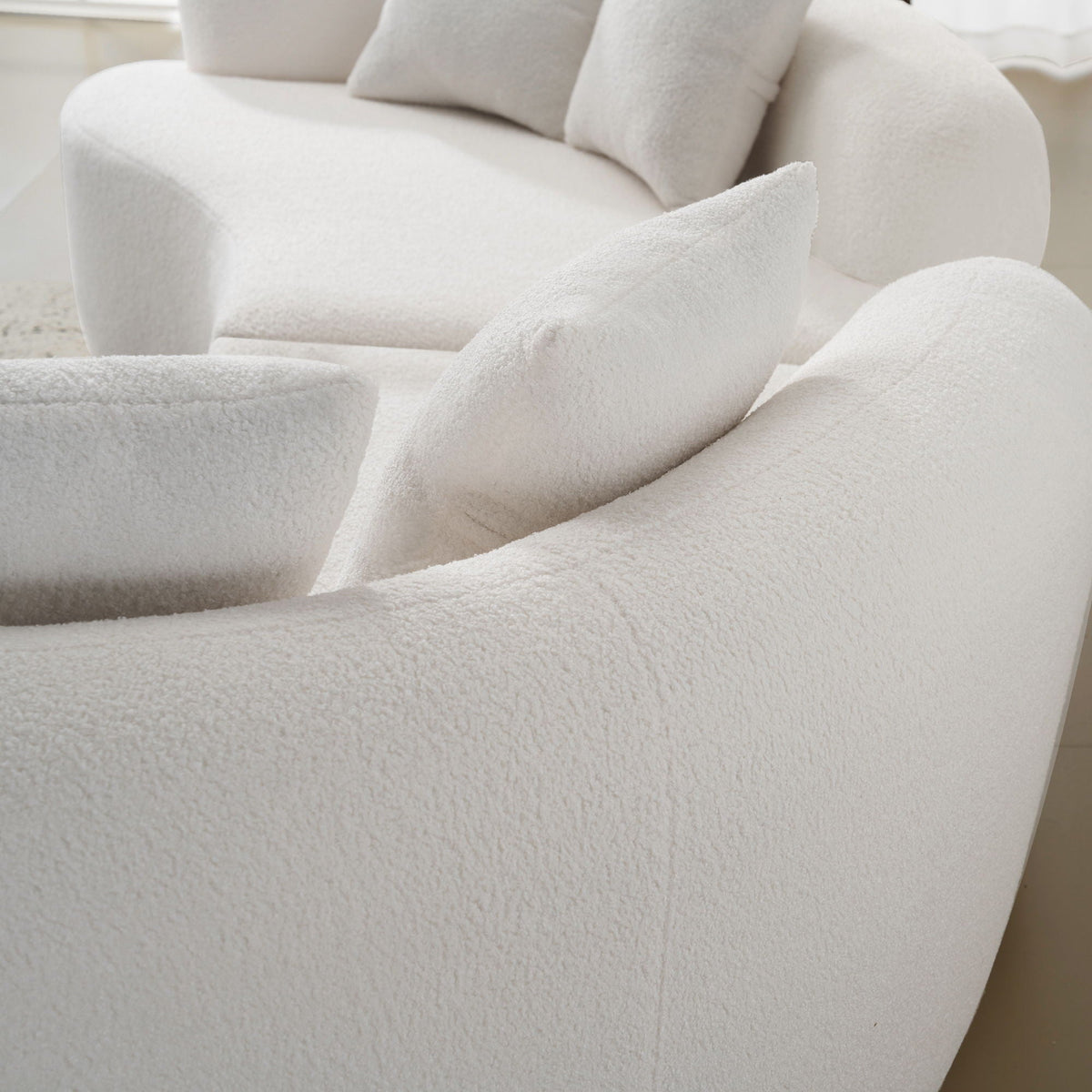 Curved 4 Seater Full Compression Sponge Sofa, white textured fabric with plush cushions on Tampa Home & Garden Store