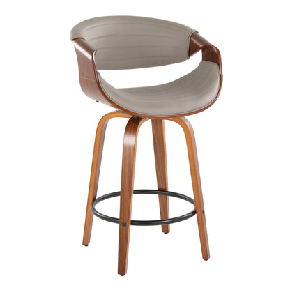 Counter stool by HouseOfZazla with tufted beige upholstery and curved wood swivel arms on Tampa Home & Garden Store