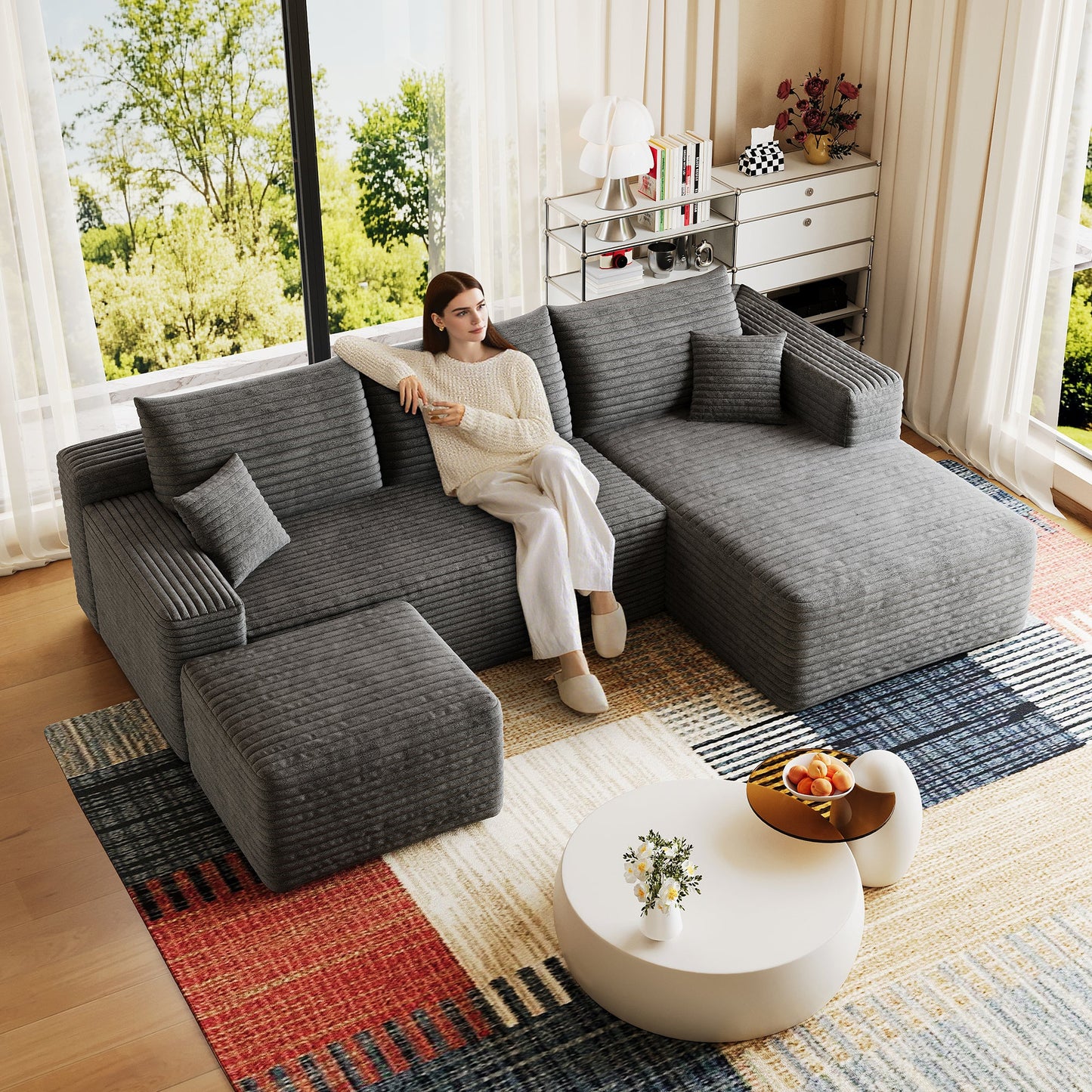 95in Cloud Sectional Sofa with Ottoman in ribbed charcoal-gray fabric on Tampa Home & Garden Store