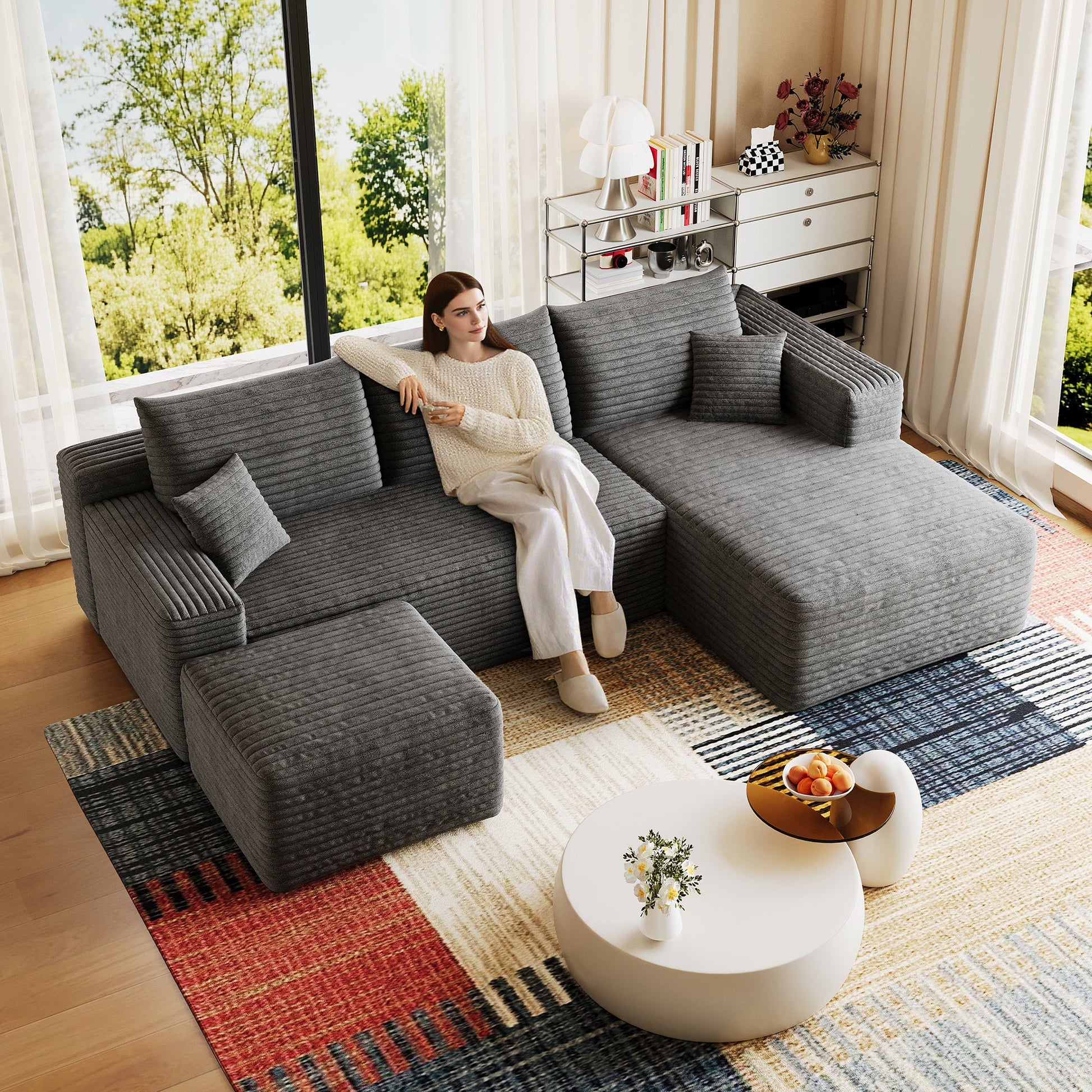 95in Cloud Sectional Sofa with Ottoman in ribbed charcoal-gray fabric on Tampa Home & Garden Store