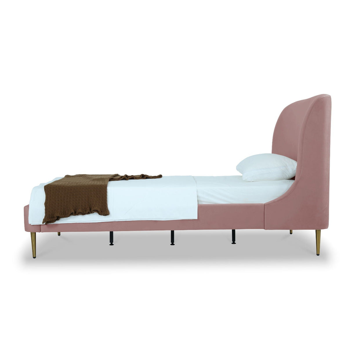 Mid-Century upholstered bed with curved pink headboard, white sheets, brown throw, gold legs on Tampa Home & Garden Store