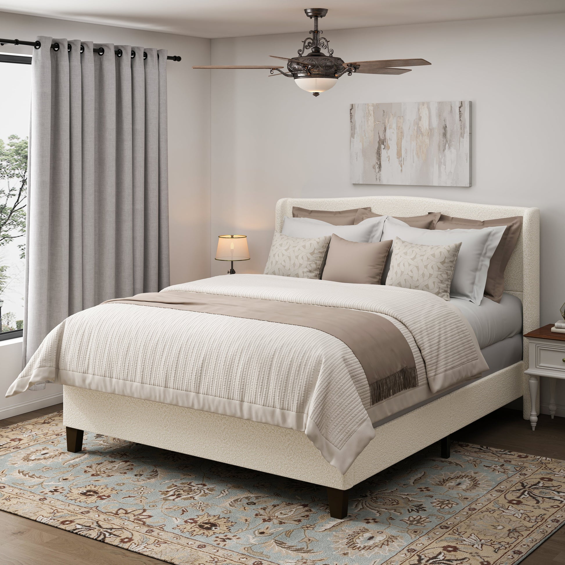 King Size Bed Frame with Upholstered Teddy Velvet Headboard in beige on Tampa Home & Garden Store