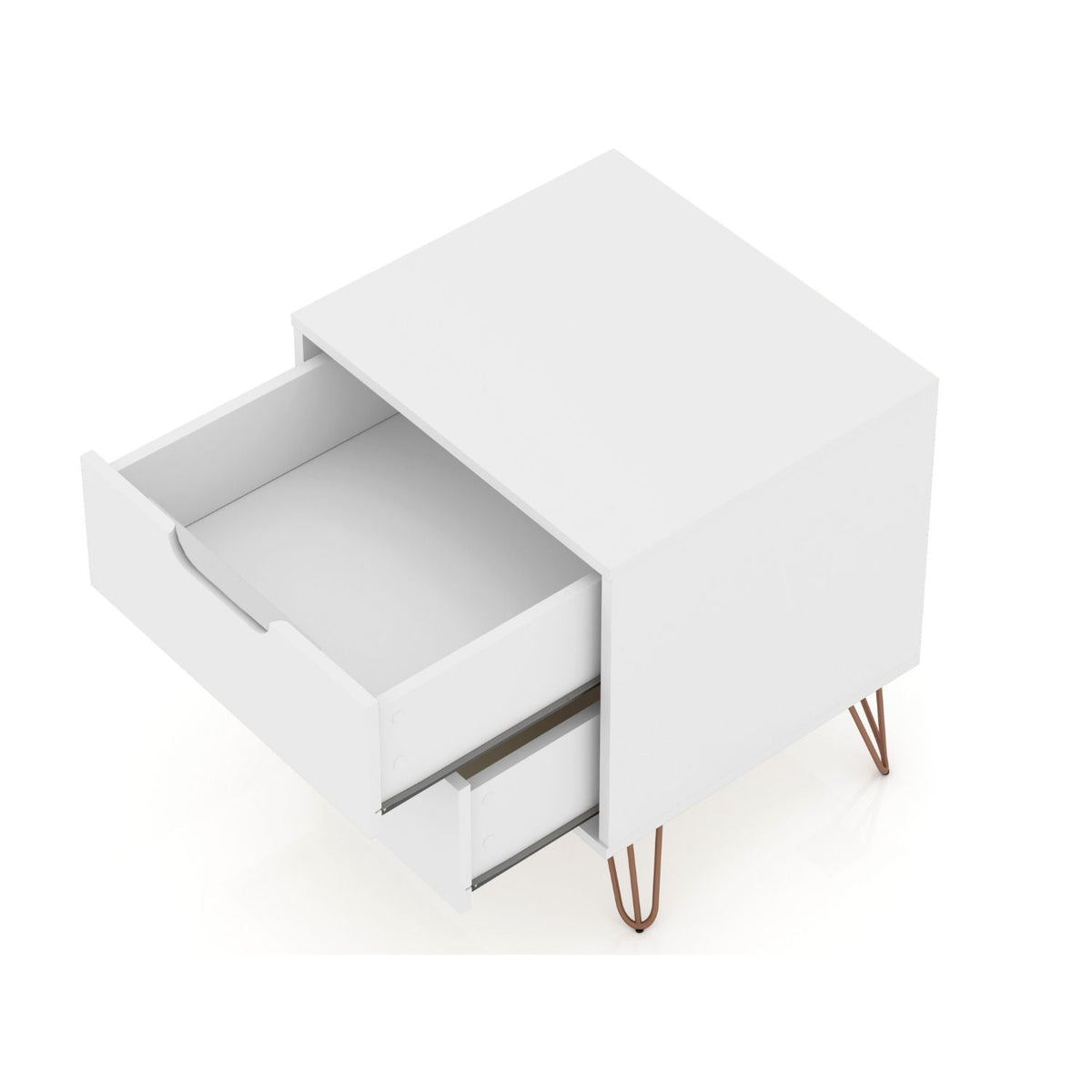 White Nightstand with 2 Drawers by HouseOfZazla, accent with copper hairpin legs on Tampa Home & Garden Store