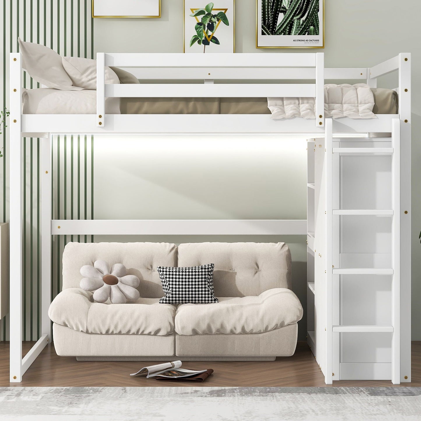 Loft bed with built-in wardrobe, shelves, and LED light in white by HouseOfZazla on Tampa Home & Garden Store