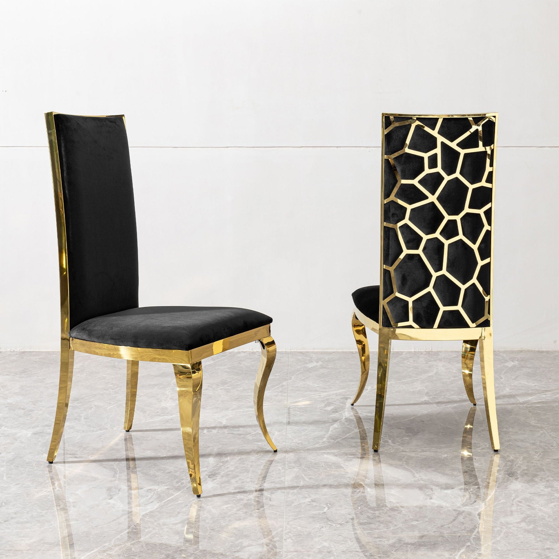 Dining chairs set of 2 with unique backrest, gold stainless steel legs, black upholstery on Tampa Home & Garden Store