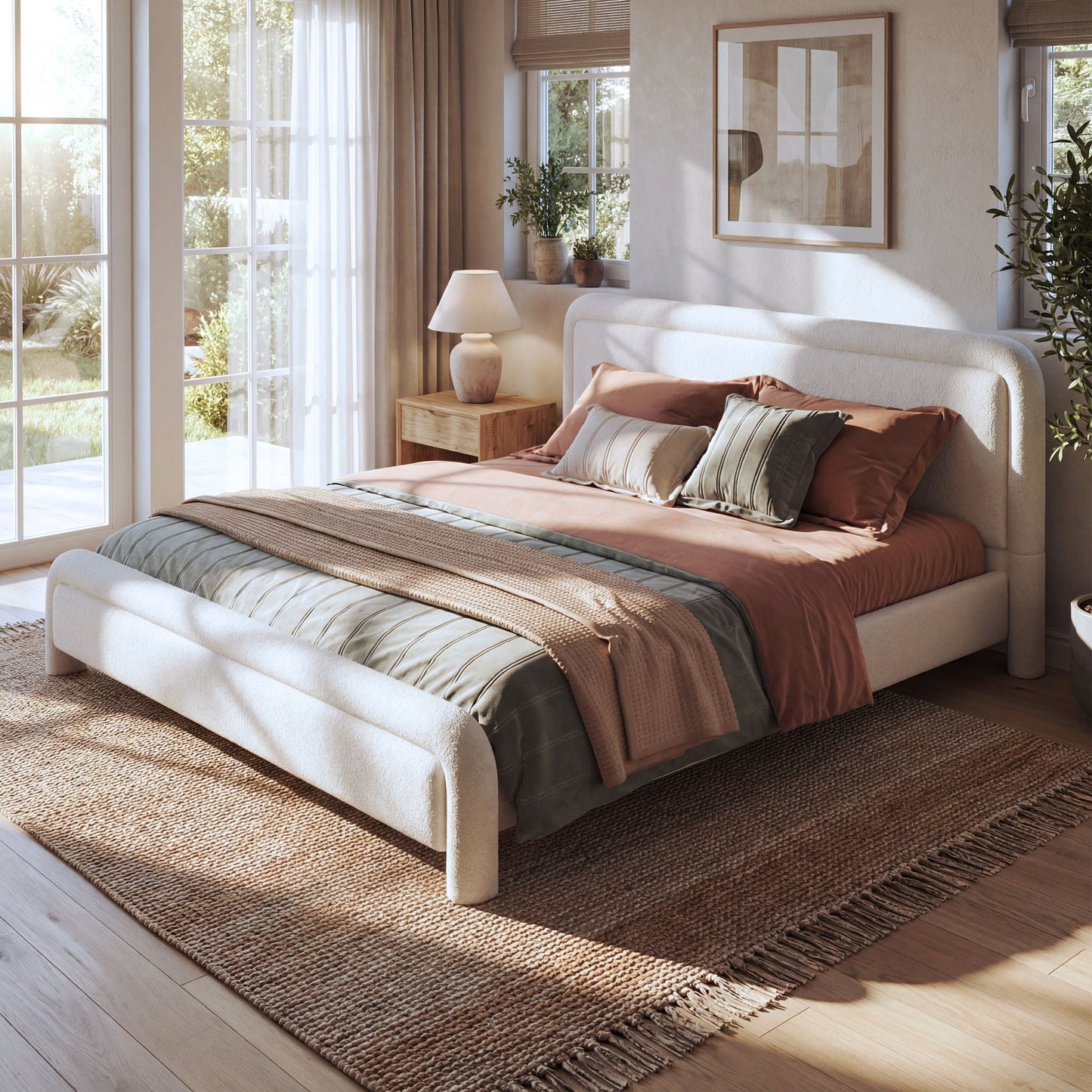 Modern Boucle Bed and Frame with Curved Headboard