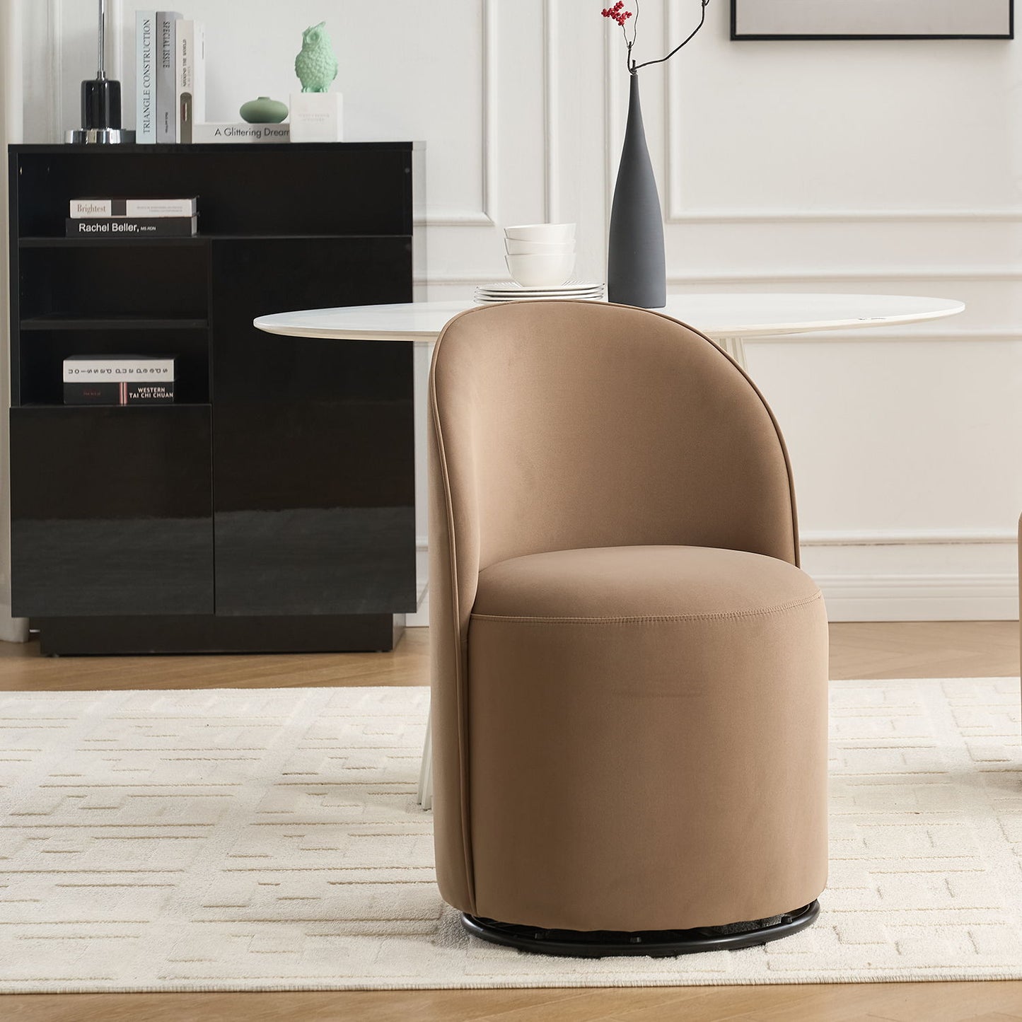 360 Degree Swivel Armless Dining Barrel Chair in tan faux leather with black swivel base on Tampa Home & Garden Store