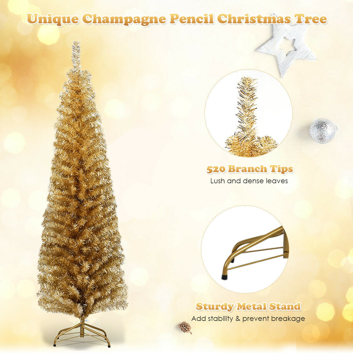 6 Feet Tinsel Tree Unlit Slim Pencil, champagne gold, 520 tips, metal stand on Tampa Home & Garden Store