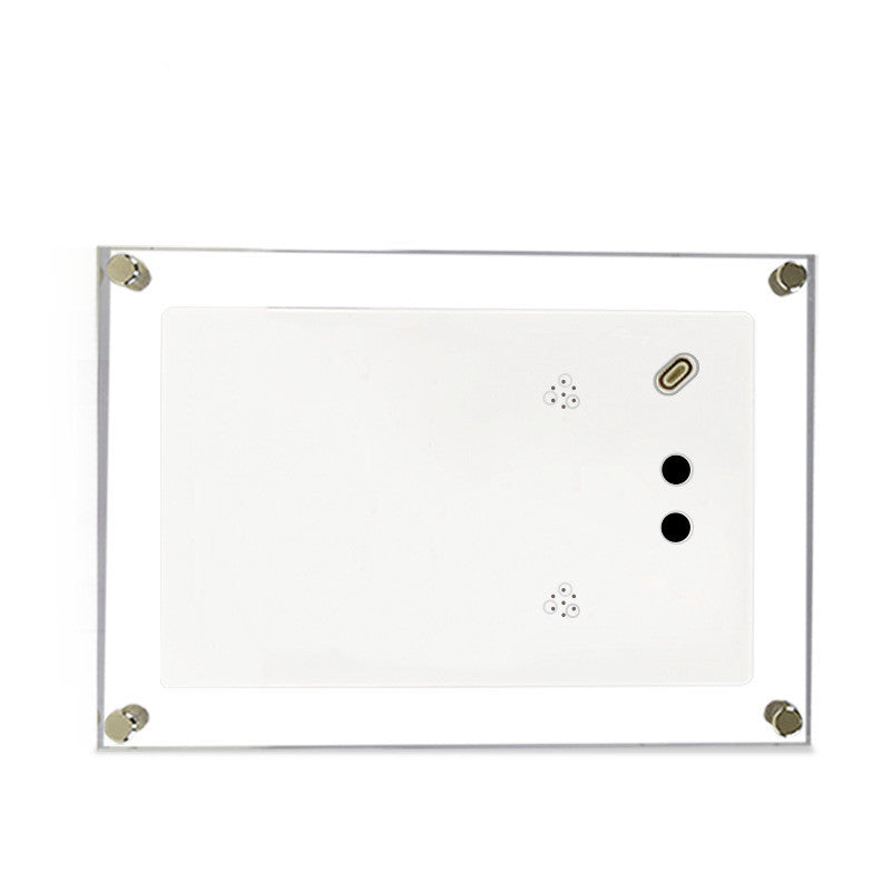 Digital picture frame with clear acrylic border and white back panel, USB-C port visible on Tampa Home & Garden Store