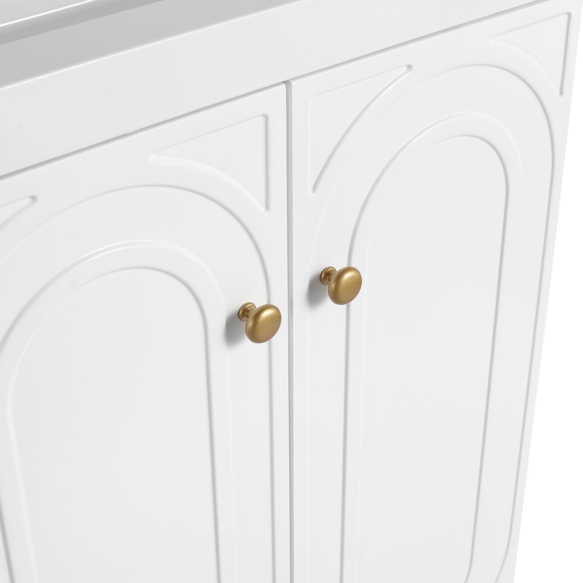 HouseOfZazla freestanding two-door bathroom vanity with soft close, white finish, brass knobs on Tampa Home & Garden Store