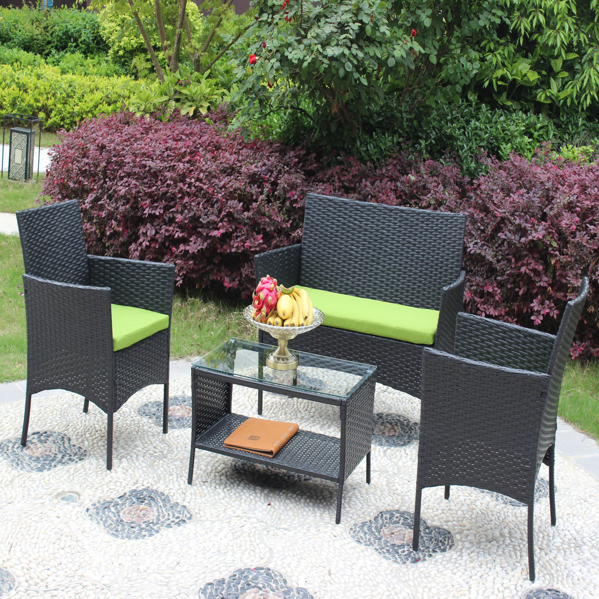 HouseOfZazla 4 pc rattan outdoor furniture set with lime green cushions, black wicker on Tampa Home & Garden Store
