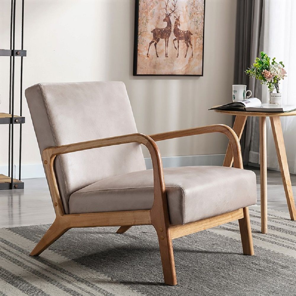 HouseOfZazla Classic Mid-Century Modern Arm Chair with open wooden frame and beige cushions on Tampa Home & Garden Store