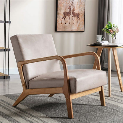 HouseOfZazla Classic Mid-Century Modern Arm Chair with open wooden frame and beige cushions on Tampa Home & Garden Store