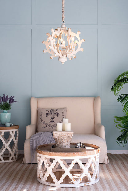 6-Light Chandelier white distressed finish with ornate scrolling arms and adjustable rope chain HouseOfZazla on Tampa Home & Garden Store