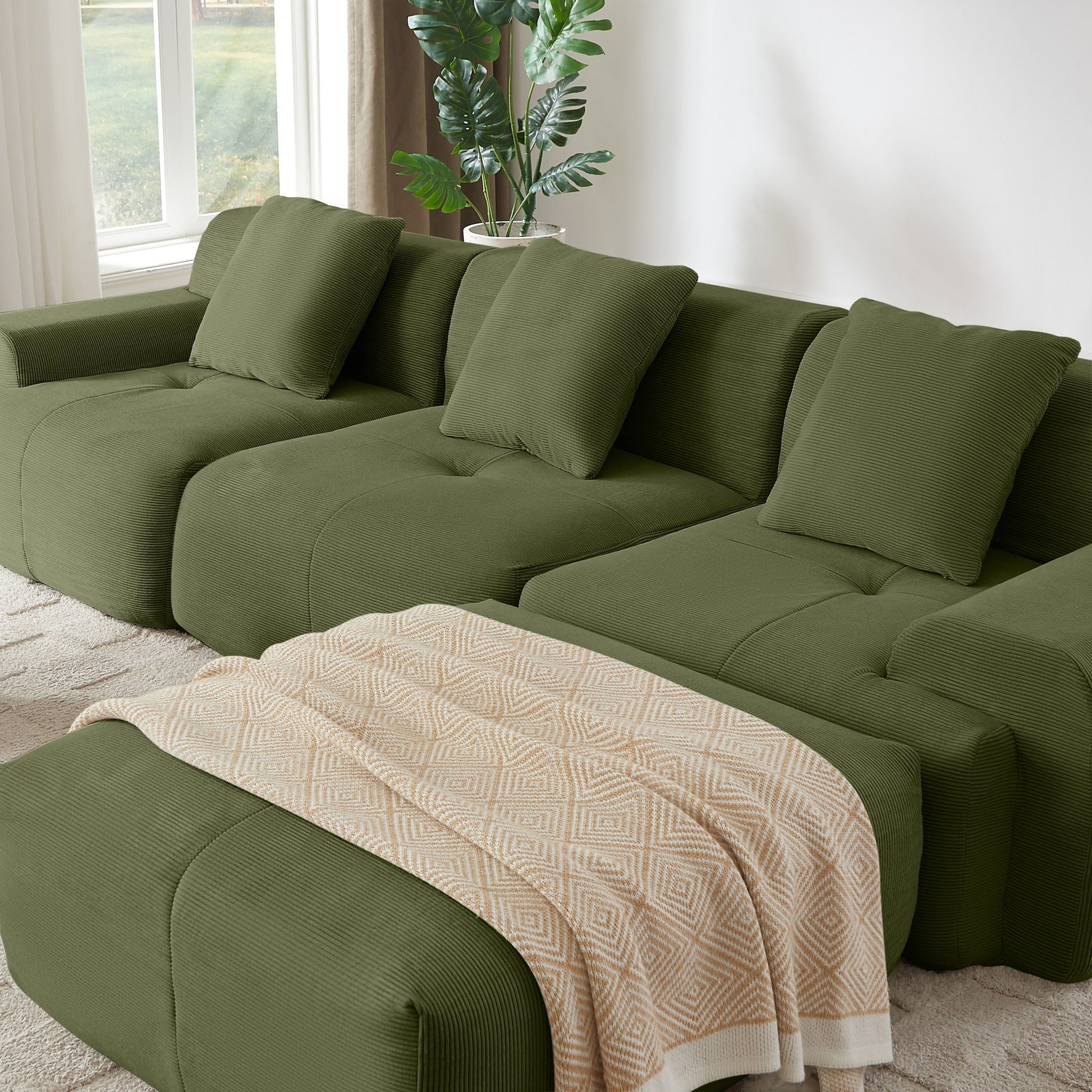 L Shaped Modular Sectional Sofa with movable ottoman in olive green textured fabric on Tampa Home & Garden Store
