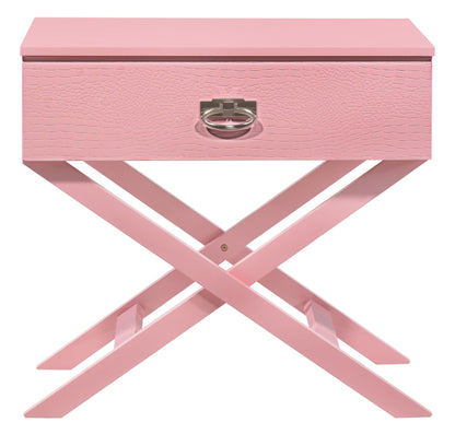 Pink crocodile-textured accent nightstand with silver handle and solid wood frame on Tampa Home & Garden Store