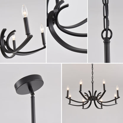 8-Light Farmhouse Chandelier black metal with curved arms and candle Edison bulbs chain-hung on Tampa Home & Garden Store