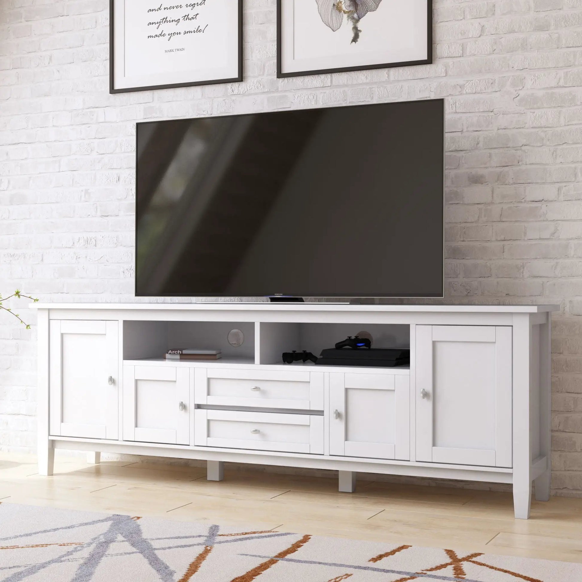 Warm Shaker TV media stand handcrafted white with open shelf and drawers, Samsung TV on Tampa Home & Garden Store
