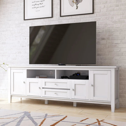 Warm Shaker TV media stand handcrafted white with open shelf and drawers, Samsung TV on Tampa Home & Garden Store
