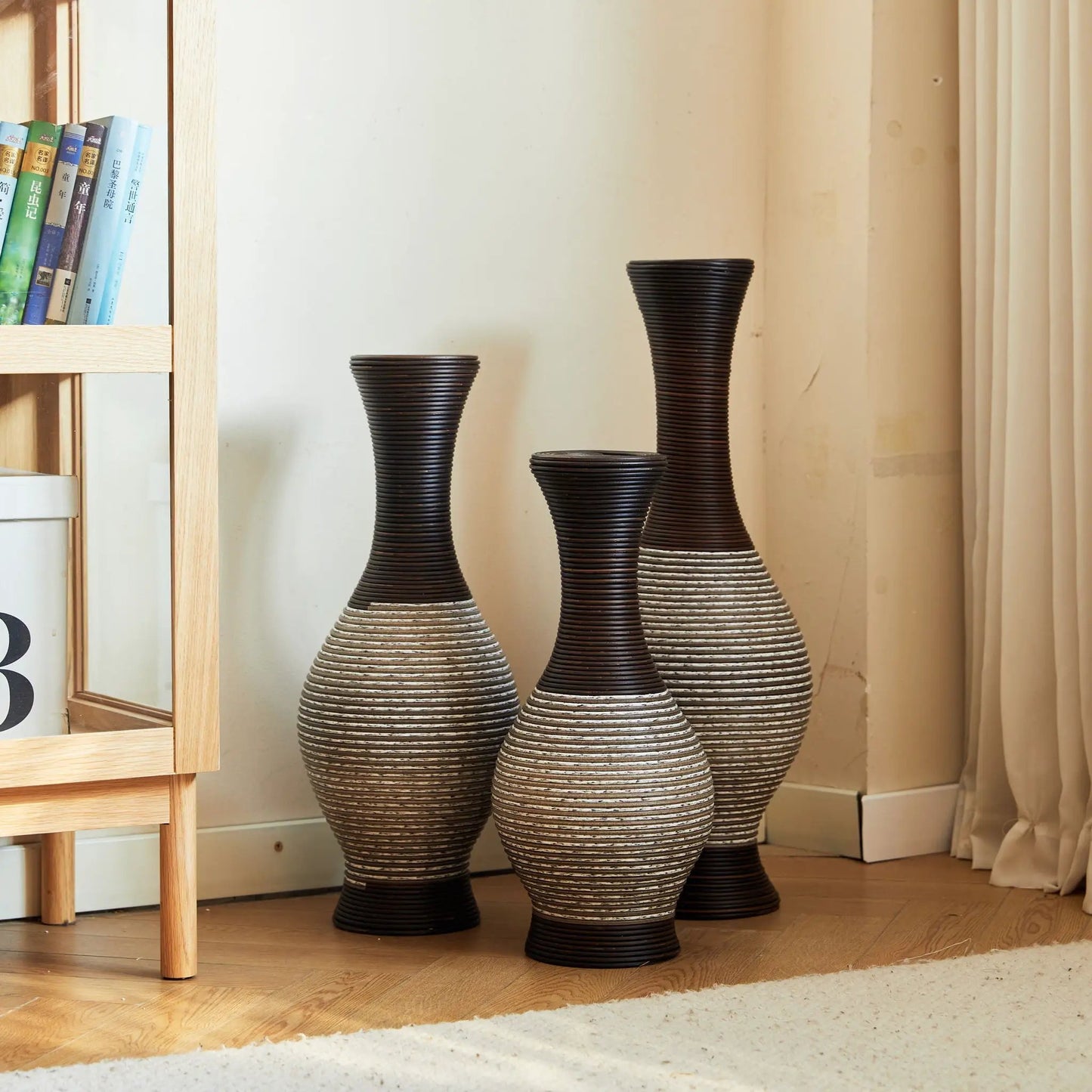 Tall Designer Floor Vase With Elegant 2 Tone ribbed black and ivory set on Tampa Home & Garden Store