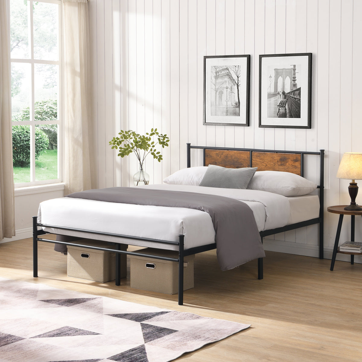 California King Bed Frame by HouseOfZazla with black metal frame and wood panel headboard on Tampa Home & Garden Store