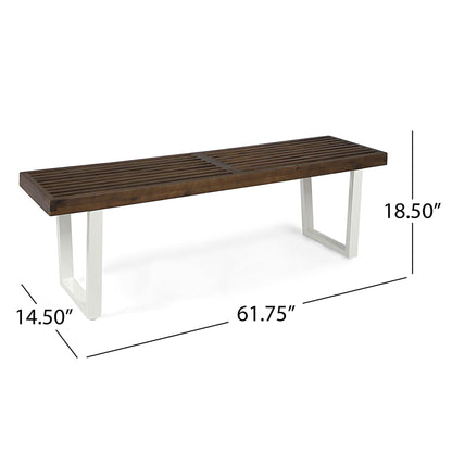 Intrinsic Outdoor Dining Bench With Slat Top dark brown wood slats white metal legs on Tampa Home & Garden Store