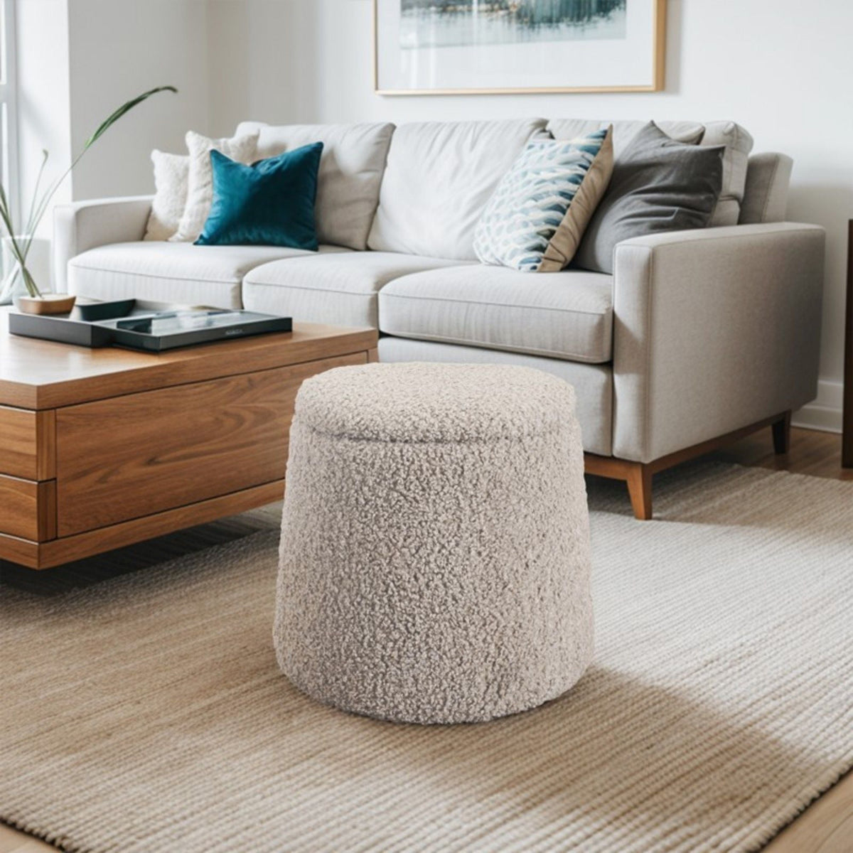 Elegant round storage ottoman in beige plush fabric with built-in storage for living room use on Tampa Home & Garden Store