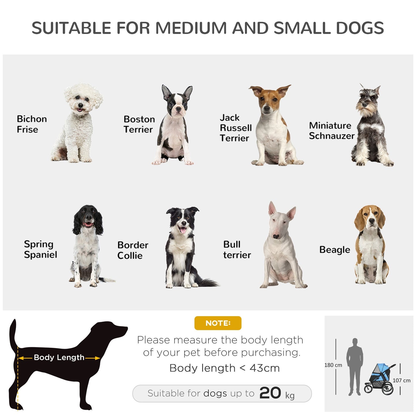 PawHut Pet Stroller size guide: small and medium dogs with Bichon Frise, Jack Russell Terrier on Tampa Home & Garden Store