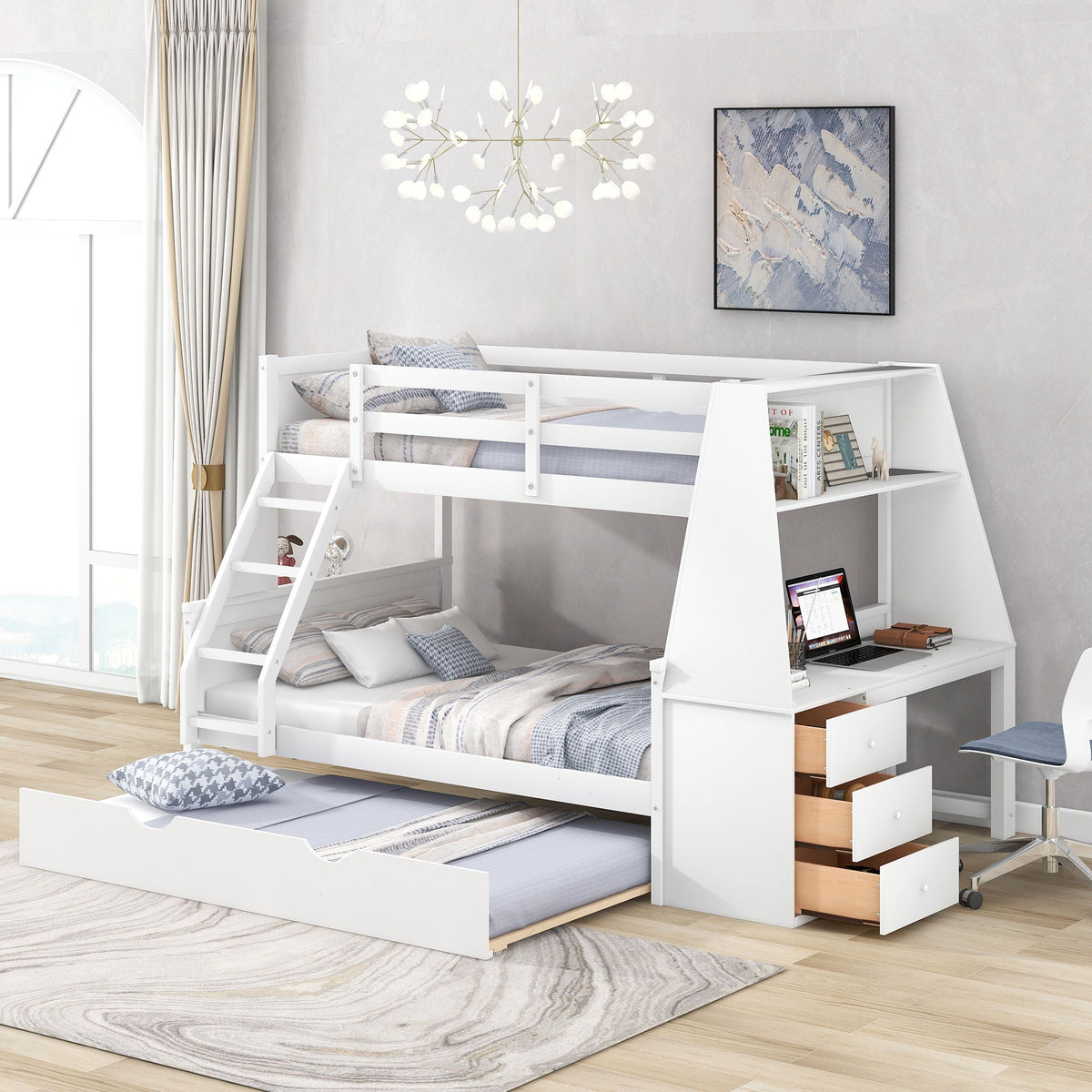 Bunk bed with built-in desk, trundle, and three storage drawers in white by HouseOfZazla on Tampa Home & Garden Store