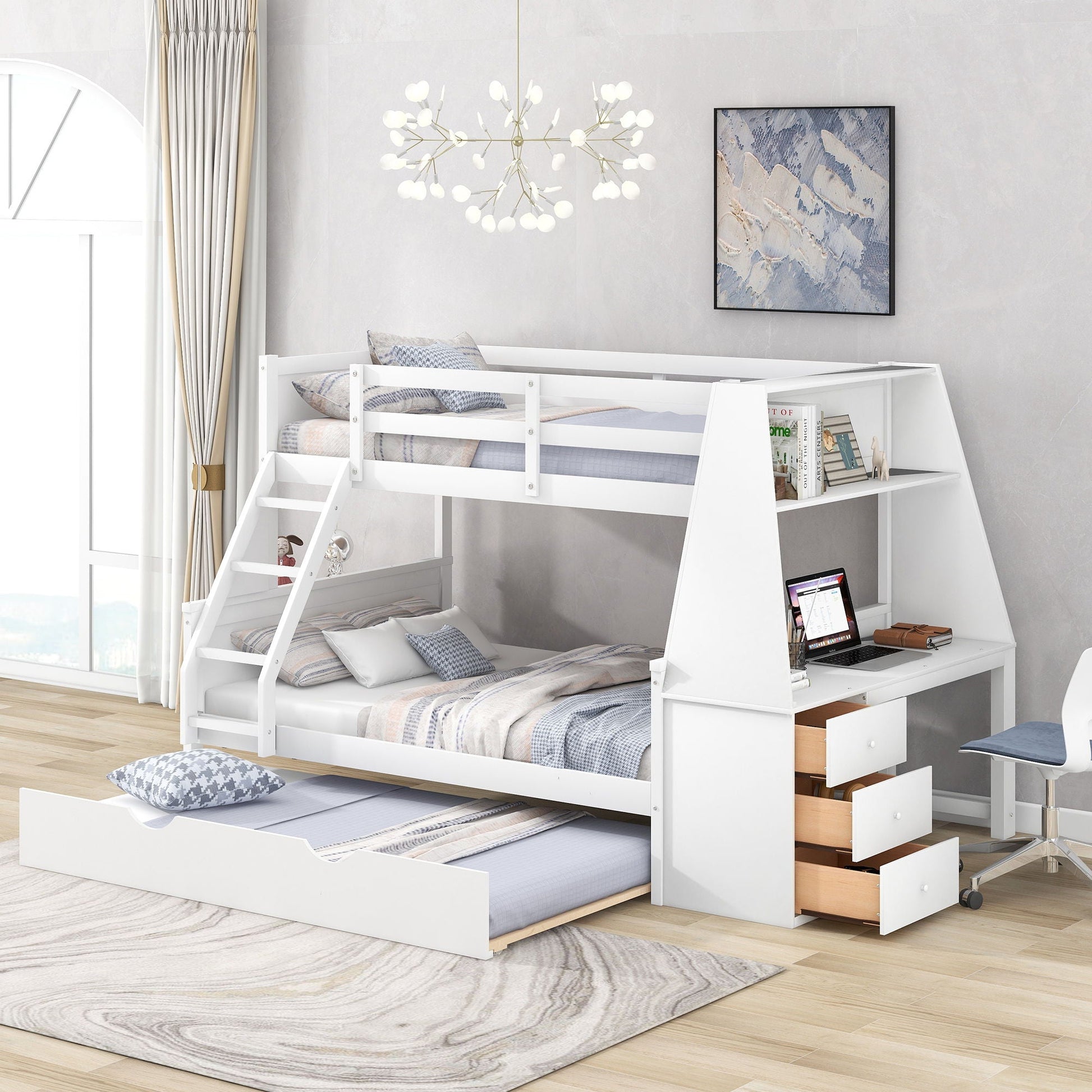 Bunk bed with built-in desk, trundle, and three storage drawers in white by HouseOfZazla on Tampa Home & Garden Store