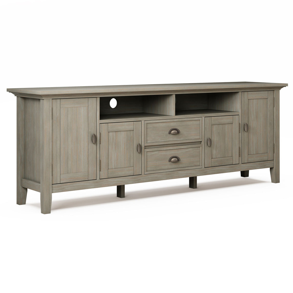 Handcrafted media stand with adjustable shelves in weathered gray wood; open center shelves on Tampa Home & Garden Store