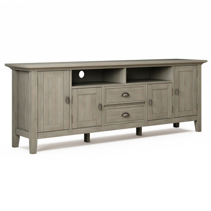 Handcrafted media stand with adjustable shelves in weathered gray wood; open center shelves on Tampa Home & Garden Store