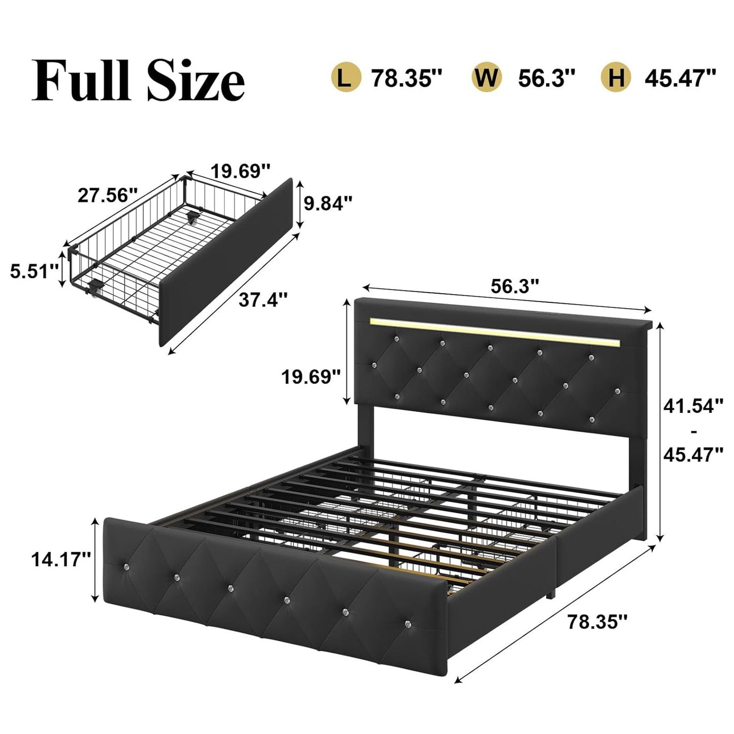 Upholstered Bed Frame with LED Lights Storage