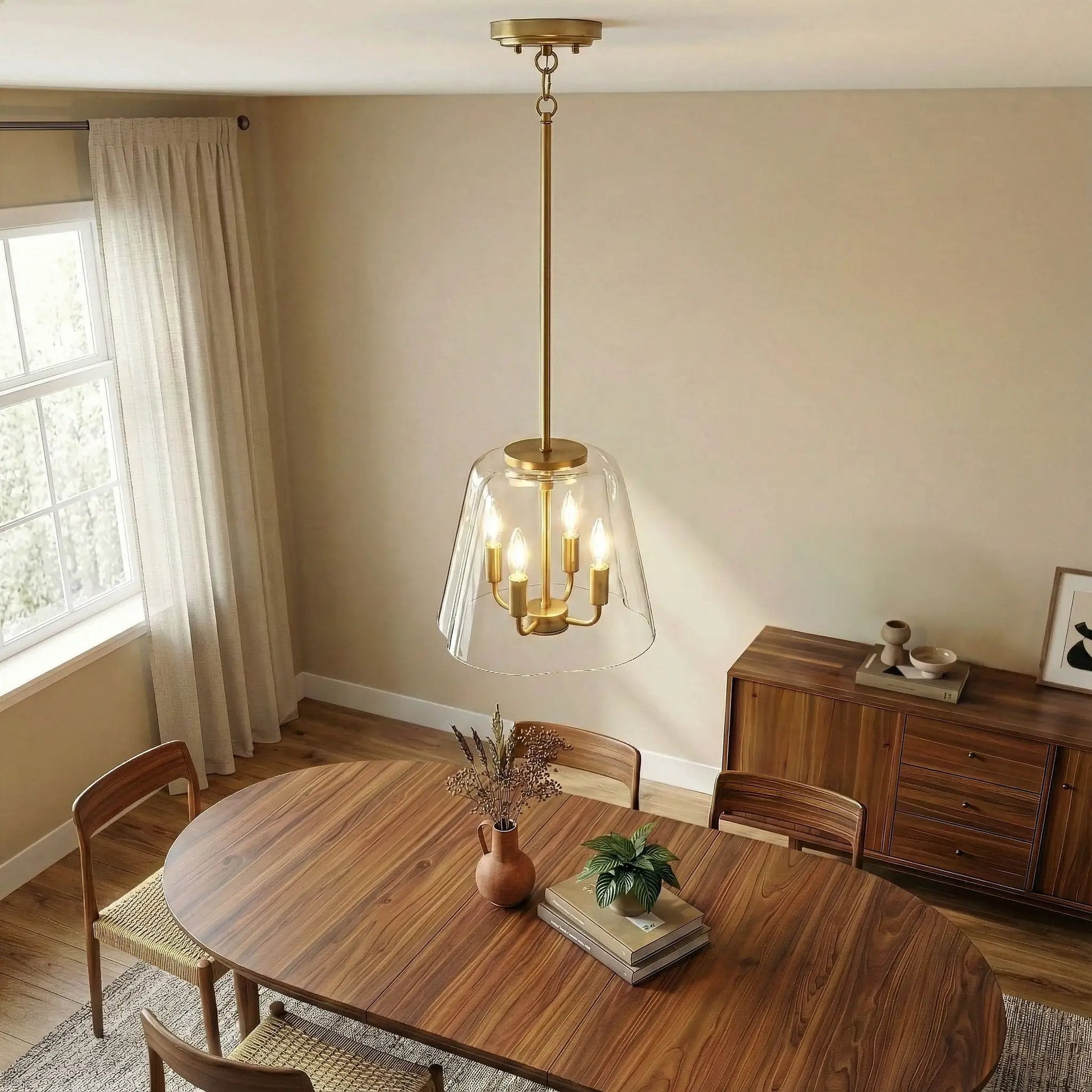 Soiree 4-Candle Lights Pendant by Unique Piece Furniture, brass finish with clear glass shade on Tampa Home & Garden Store