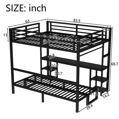 Queen over twin XL metal bunk bed with desk and shelves, black steel by HouseOfZazla on Tampa Home & Garden Store
