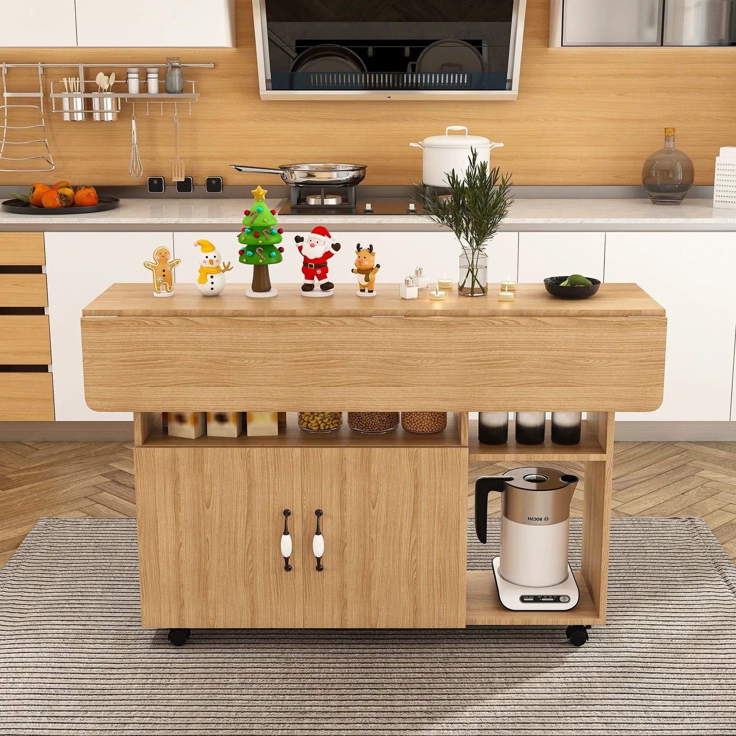 Multi Functional Folding Table With Storage Shelves And Wheels island in warm wood finish on Tampa Home & Garden Store