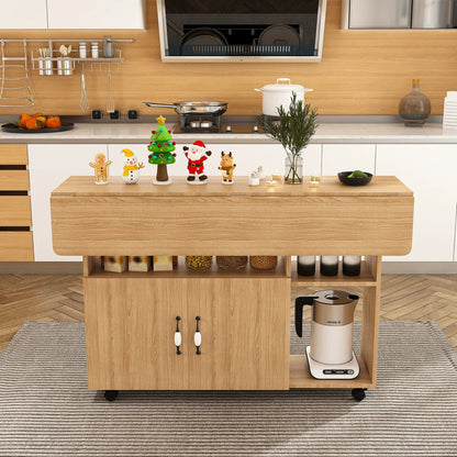 Multi Functional Folding Table With Storage Shelves And Wheels island in warm wood finish on Tampa Home & Garden Store