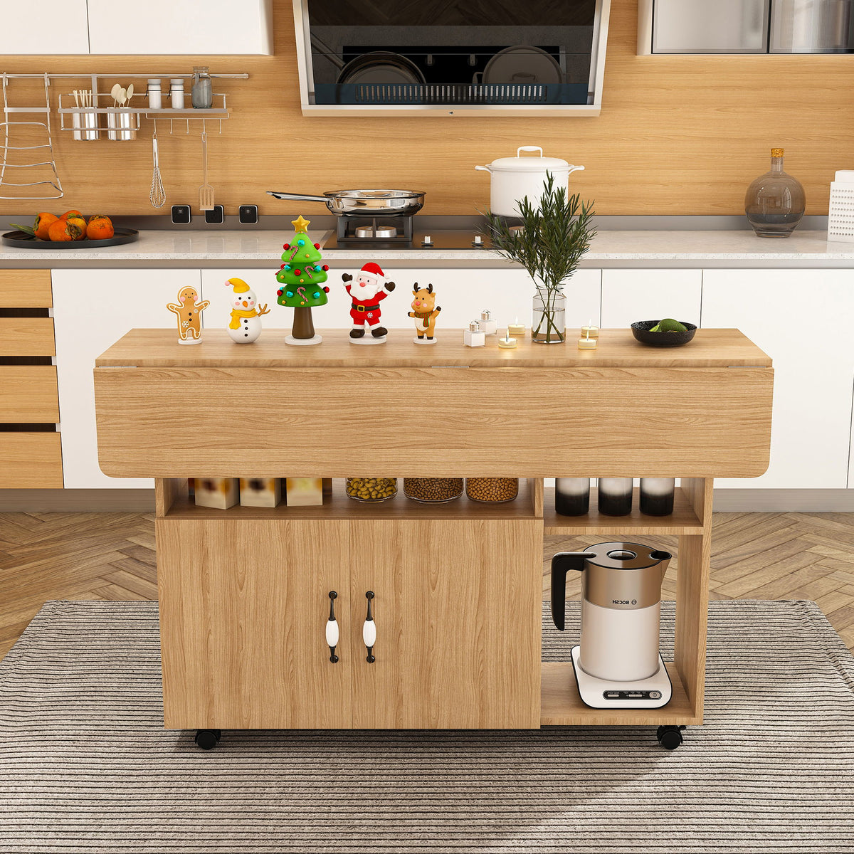 Multi Functional Folding Island Table with Storage Shelves and Wheels in light brown wood on Tampa Home & Garden Store