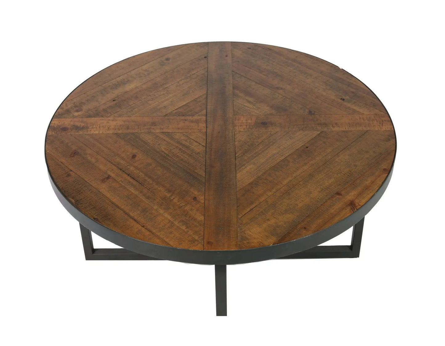 Faro Round Table coffee table with rustic wood plank top and black metal base on Tampa Home & Garden Store
