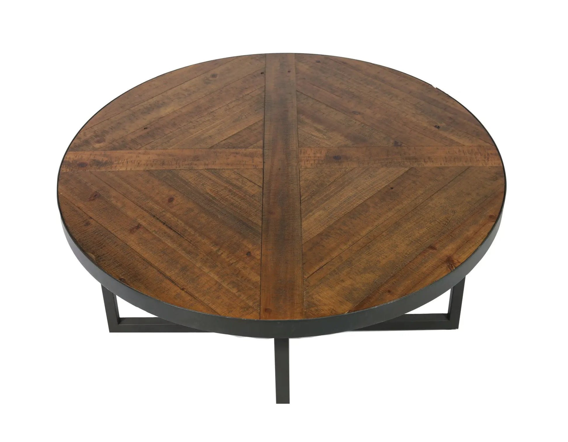 Faro Round Table coffee table with rustic wood plank top and black metal base on Tampa Home & Garden Store