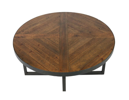 Faro Round Table coffee table with rustic wood plank top and black metal base on Tampa Home & Garden Store