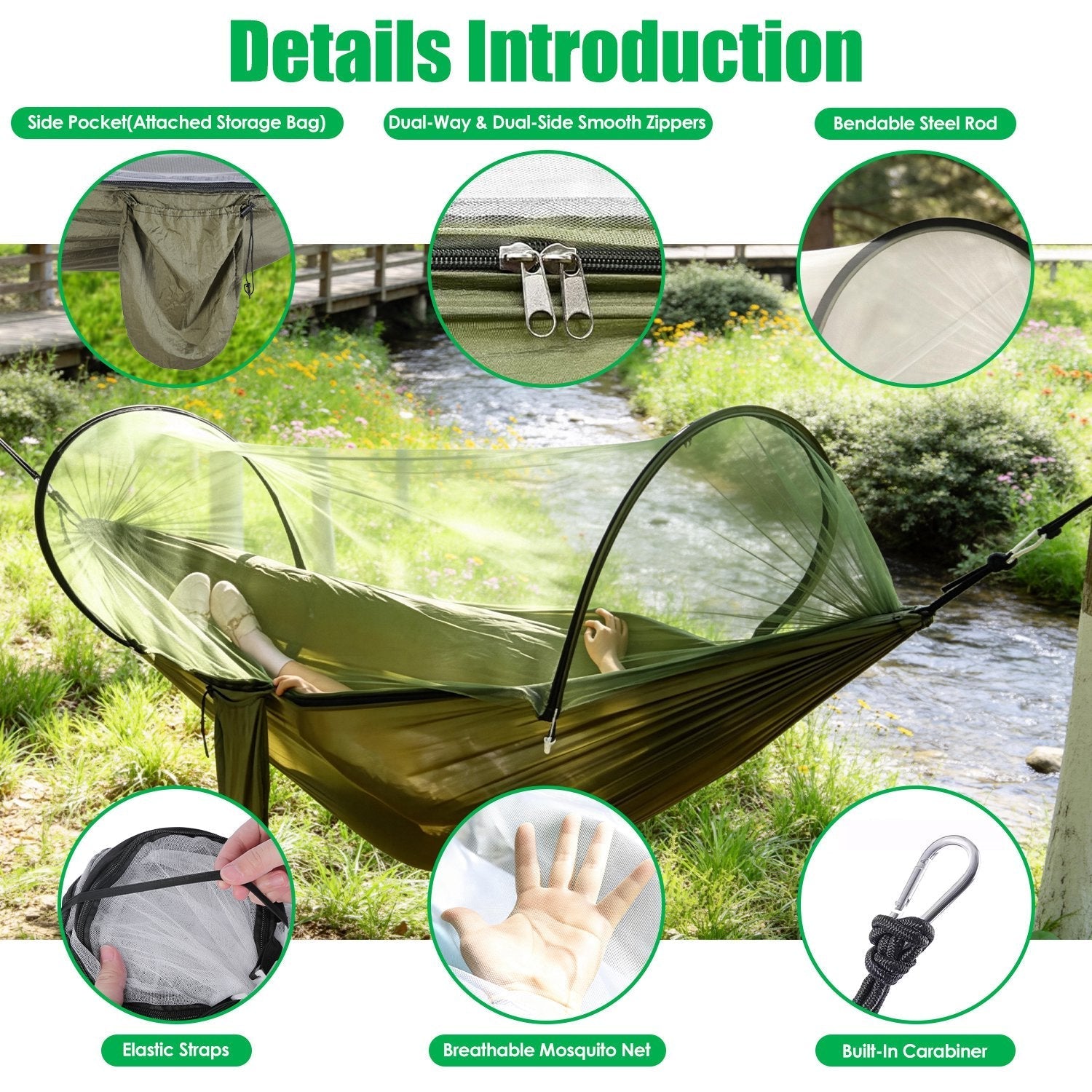Camping Hammock with Mosquito Net by GemGear, olive green, 440lbs capacity, 3-in-1 portable on Tampa Home & Garden Store