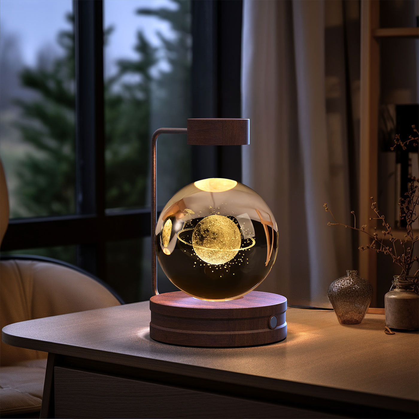 Crystal ball night light with amber glow, glass globe on wooden base on Tampa Home & Garden Store