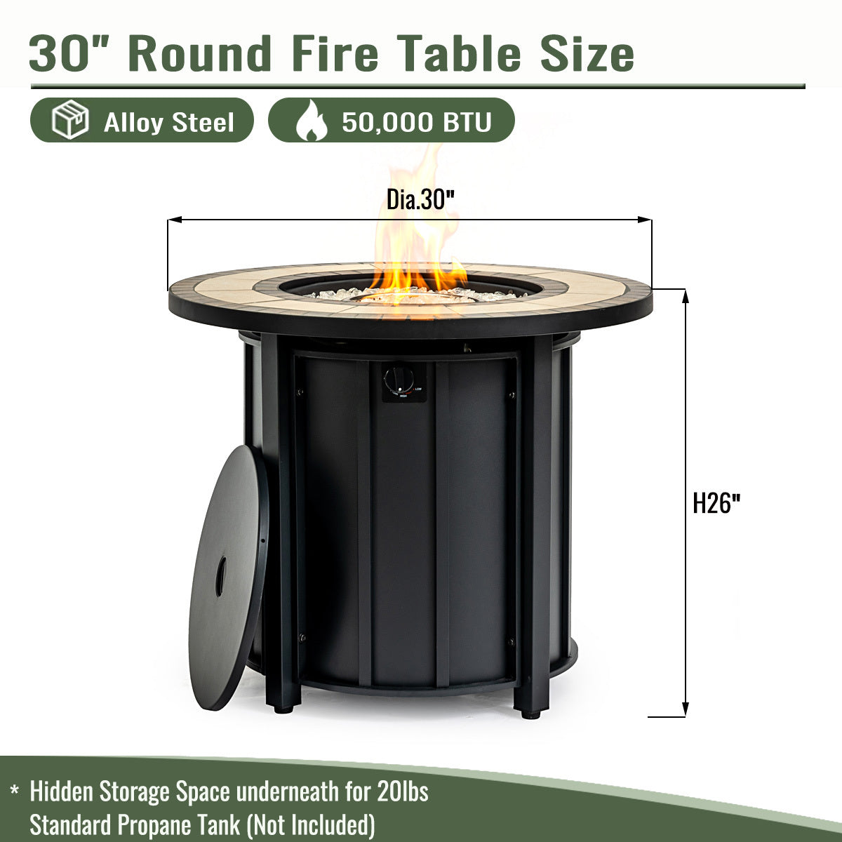 30-inch propane fire pit table with mosaic ceramic tabletop, black alloy steel base, HouseOfZazla on Tampa Home & Garden Store