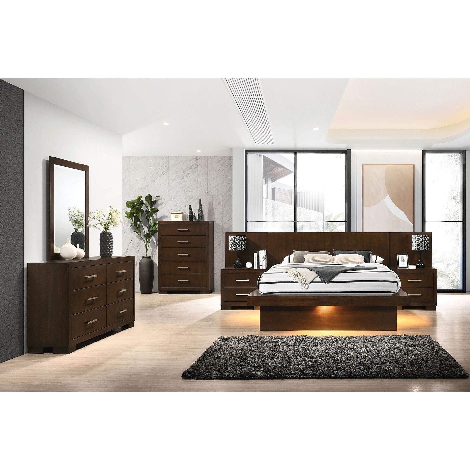 Tokyo LED panel bed with structured headboard in dark wood with matching dressers on Tampa Home & Garden Store